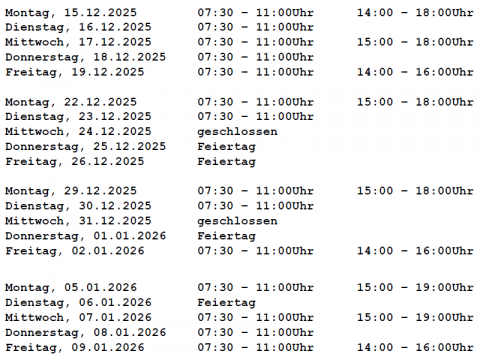 Öeffnungszeiten Weihnacht-Neujahr 2025